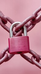 Aufkleber - Industrial Security Concept with Pink Heavy Padlock and Steel Chain on Iron Fence Bars for Protective Access Control and Restriction