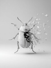 Leinwandbilder - 3D Wireframe Bug Symbol Disintegrating With Fragments Breaking Away on a Neutral Background