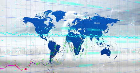 Wall Mural - image of data processing and world map over cityscape