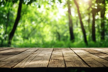 Wall Mural - wooden table with blurred green forest and bright sunlight in background. great for product placemen