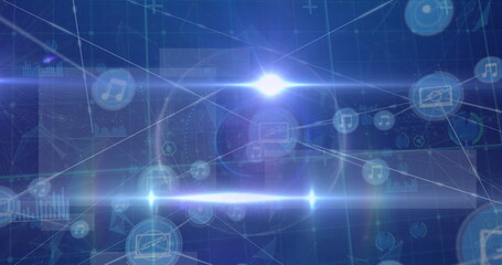 Wall Mural - image of network of digital icons and spot of light against blue background