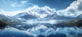 A serene mountain lake with snow-capped peaks reflecting in the water