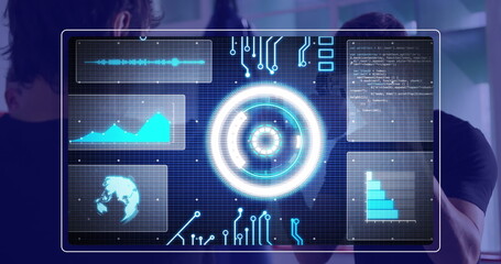 Wall Mural - image of scope scanning over data processing on black background