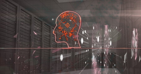 Wall Mural - image of head with flames and glowing motherboard over network of connections and server room