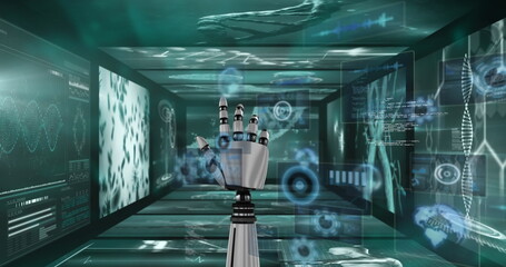 Wall Mural - image of robotic arm over data processing on black background