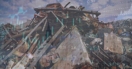 Wall Mural - image of data processing over junkyard
