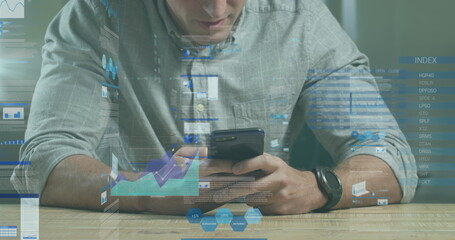 Wall Mural - image of data processing over caucasian using smartphone