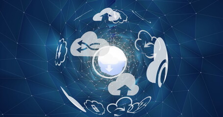 Wall Mural - image of globe with clouds and tech icons over digital space with connections