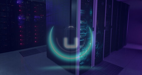 Wall Mural - image of neon circle with battery over servers
