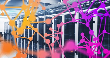 Wall Mural - image of network of connections and golden confetti falling against computer server room