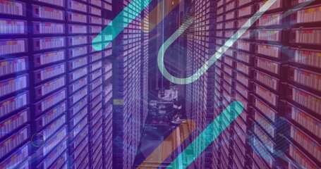 Wall Mural - image of neon glowing tunnel in seamless pattern against computer server room