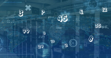 Wall Mural - image of data processing and graphs and charts over computer server room