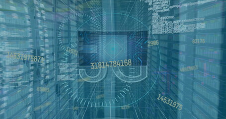 Wall Mural - image of 5g text, statistics and data processing over computer servers in background