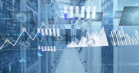 Wall Mural - image of statistical data processing against empty computer server room