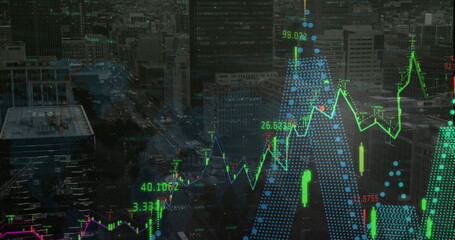 Wall Mural - image of data processing over cityscape