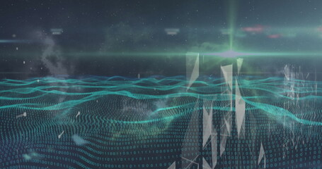 Wall Mural - image of waves with data processing and network of connections on black background
