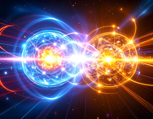 abstract energy collision glowing spheres cosmic rays and dynamic light streaks