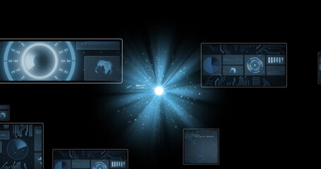 Wall Mural - image of data processing with scope scanning over light spots on black background