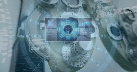 Wall Mural - image of digital screen with data over optic machinery