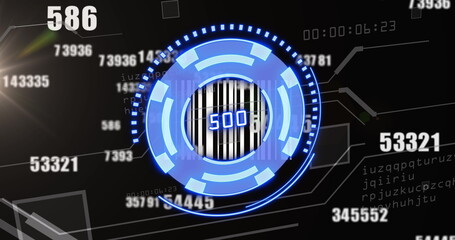 Wall Mural - image of blue circle with numbers over numbers on black background