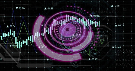 Wall Mural - image of purple circle, numbers and graphs on black background