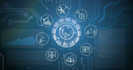 Wall Mural - image of tech icons and motherboard on blue digital screen
