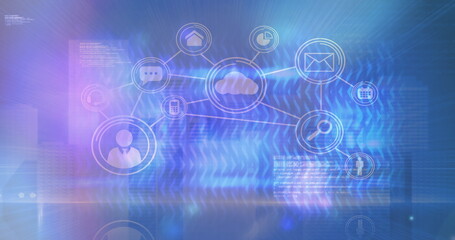 Wall Mural - image of network of connections and data processing on black background