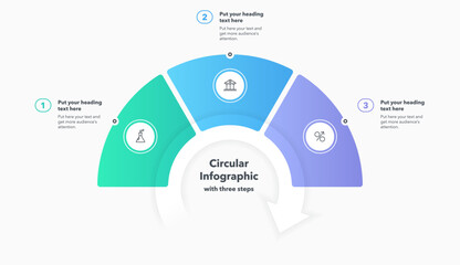 Aufkleber - Circular infographic diagram divided into three steps. Flat design with minimalistic icons and place for your texts.
