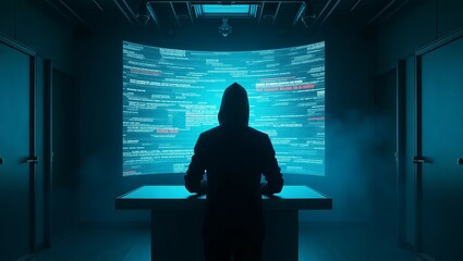 A mysterious figure in a hoodie stands in front of a large screen displaying digital data in a dark, high-tech environment.