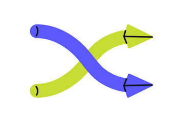 Aufkleber - Double arrow symbol for shuffle and change. Curved crossing pointers, swap and switch movement, split direction, reroute, flow sign, icon. Flat vector illustration isolated on white background