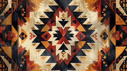 Wall Mural - Bohemian pattern with tribal symbols in earthy tones, fabric texture background.