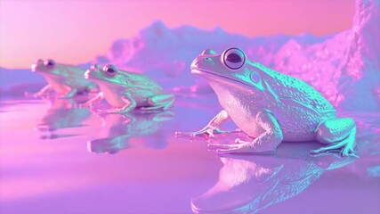 Wall Mural - Three iridescent frogs sit by a reflective pool in a pastel landscape