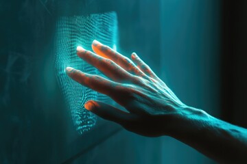 Wall Mural - a hand interacts with a futuristic, glowing, digital fingerprint interface.