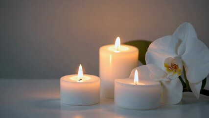 Aufkleber - White orchid bloom near varying sized burning candles positioned on pristine surface against neutral background, emanating tranquil minimalist spa wellness setting