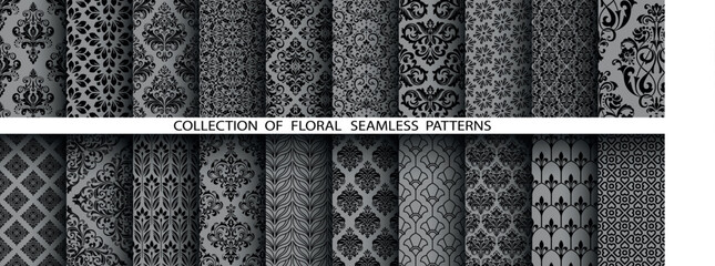 Leinwandbilder - Geometric floral set of seamless patterns. Gray and black vector backgrounds. Damask graphic ornaments