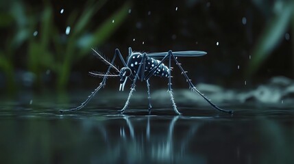 Aedes mosquito poised on reflective water, under a soft rain