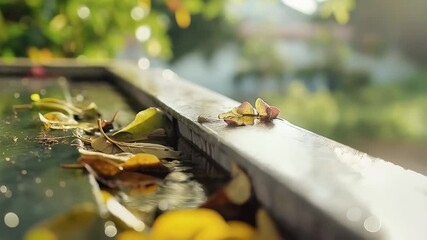 Wall Mural - autumn foliage drifting on water surface within concrete channel, yellow and green leaves blending s