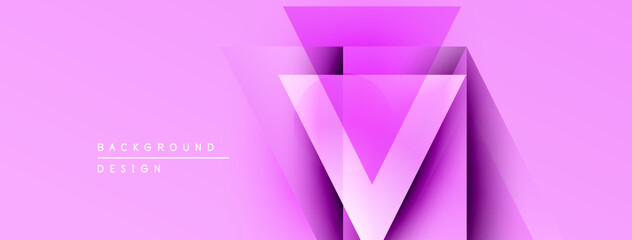 Fototapete - Pink geometric background features layered triangles forming letter V. Modern design with gradient effects, simple text elements present.