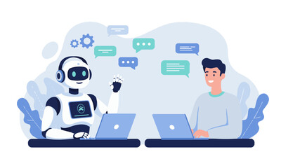 human-robot collaboration in customer service. humanoid robot and man on laptops with chat bubbles: 