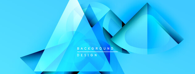 Fototapete - Abstract geometric shapes overlap, creating vibrant blue gradients. Design features layered triangles, circles, smooth transitions. Modern aesthetic.