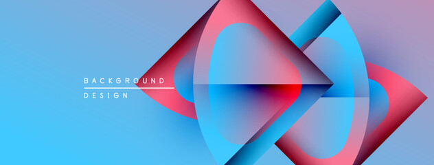 Poster - Abstract geometric design. Blue gradient background features overlapping pink, red, cyan shapes. Modern visual composition.