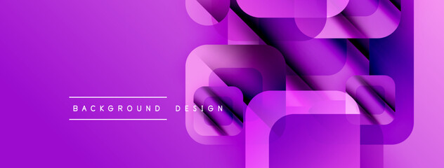 Poster - Purple abstract geometric shapes overlap. Modern design features gradients, layers, text elements. Background suggests digital art, innovation.