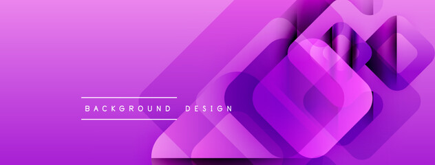 Poster - Purple gradient background features overlapping squares, rectangles. Text reads background design. Modern, minimalist aesthetic.