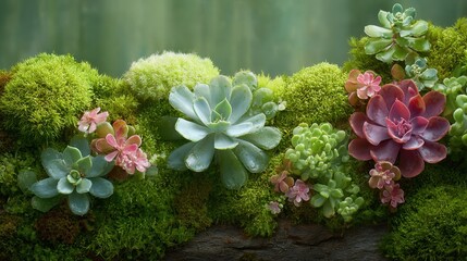 Poster - Succulents and Moss Garden Arrangement, Representing Natural Beauty and Sustainable Living for Botanical Education and Home Decor : Generative AI