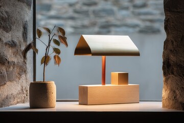 Aufkleber - Modern Desk Lamp and Potted Plant on Window Sill, Representing Interior Design and Home Decor Inspiration for Real Estate Marketing and Interior Design Services : Generative AI