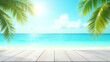 © triocean - White wooden podium with calmsunny  tropical beach and palm leaves in the background