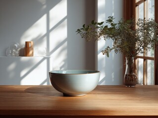 Poster - Ceramic Bowl on Wooden Table With Floral Arrangement in Bright Sunlight, Ideal for Home Decor and Serene Lifestyle Content : Generative AI