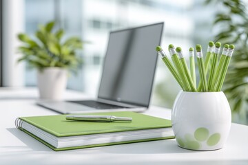 Aufkleber - Bright Office Desk With Laptop, Green Pencils, and Notebook, Representing Productivity and Corporate Sustainability Initiatives : Generative AI