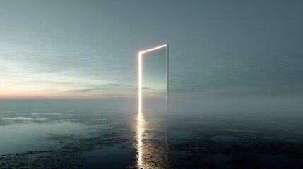 Poster - Glowing Portal Over Water at Dusk, Symbolizing Opportunity and New Beginnings in Business Strategy and Personal Growth, With a Sense of Calmness and Hope : Generative AI