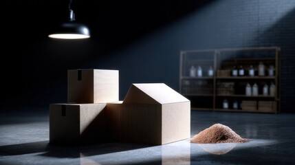 Aufkleber - Cardboard Boxes Stacked to Form a House Shape Under Spotlight, Symbolizing Logistics Solutions and Supply Chain Management : Generative AI
